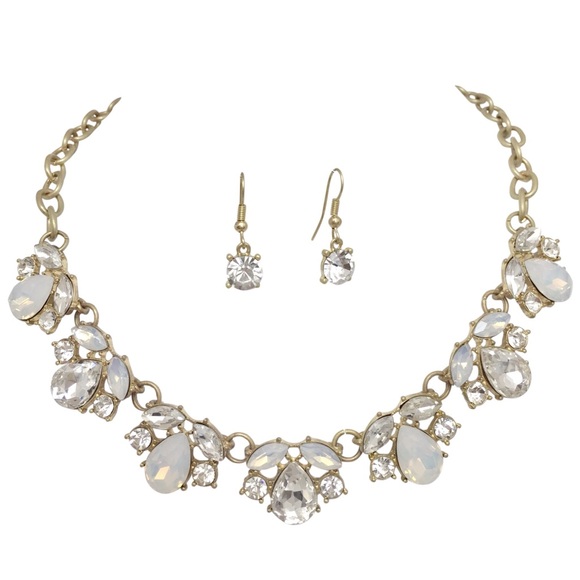 Clear & Milky Rhinestone Necklace Earrings Set - Picture 1 of 3